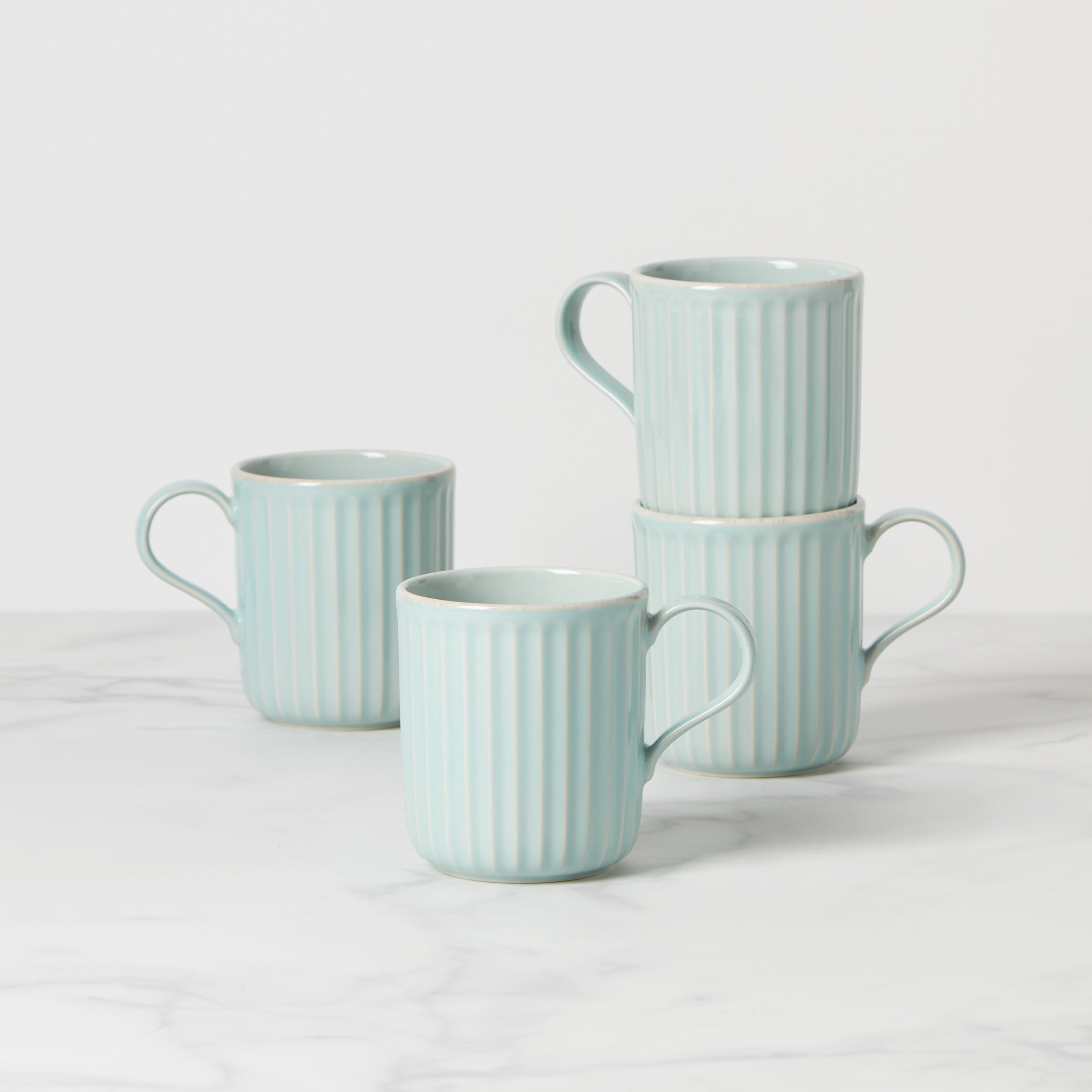 Lenox Westmore French Perle Scallop Ice Blue Mugs, Set of 4