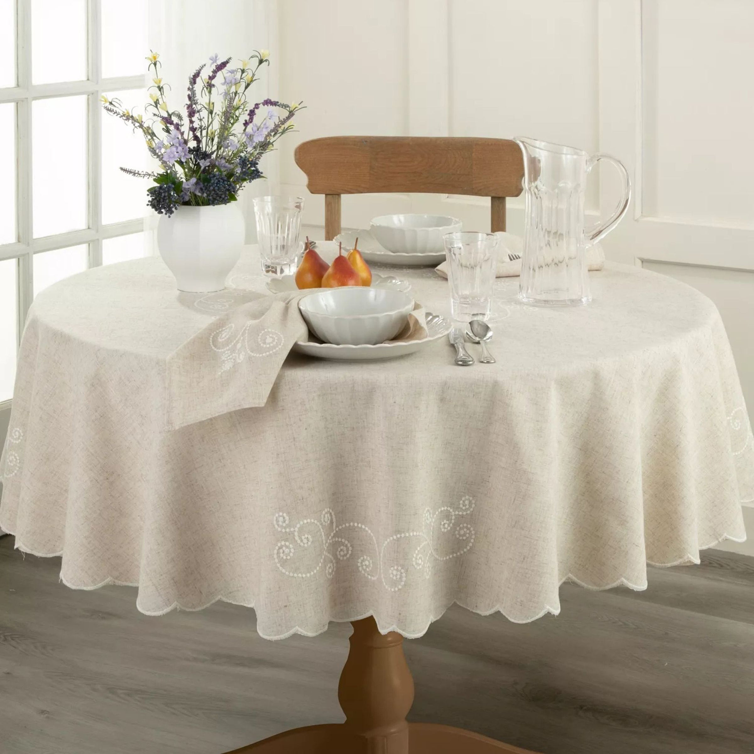 Lenox Westmore French Perle Linen Embroidered 70x70 Round Tablecloth